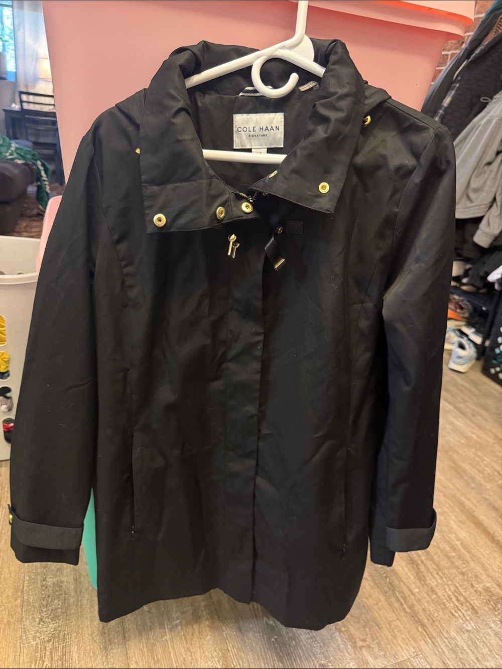 Cole Haan Black Hooded Raincoat with Gold Accents